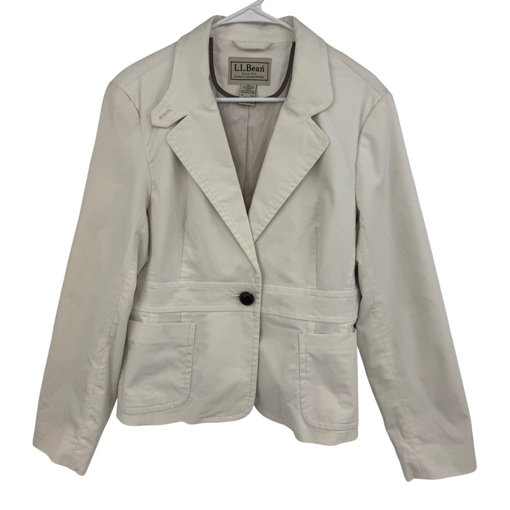 Vtg LL Bean Womens 18 Cream Cotton Spandex Single Button Blazer Jacket Off White